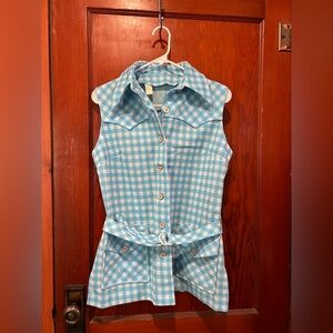 Vintage 70s  blue gingham button down collared blouse with belt